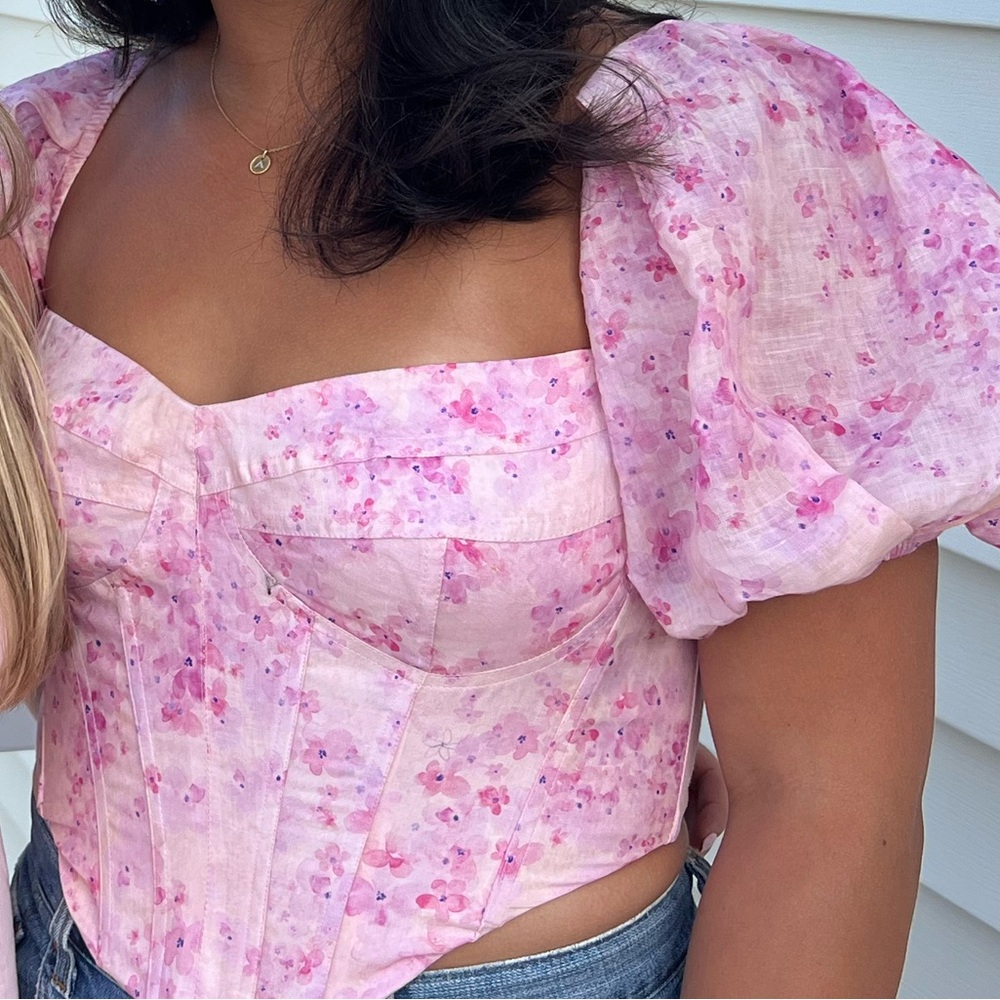 Bardot Pink Floral Puff Sleeve Blouse